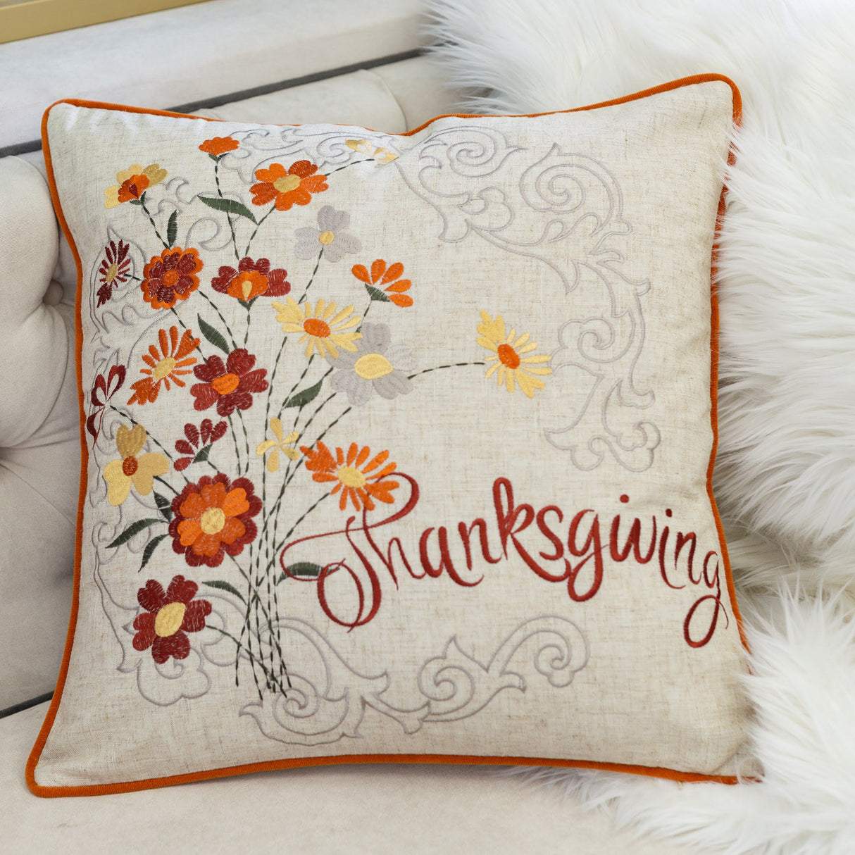 Thanksgiving Embroidered Floral Throw Pillow – Autumn Harvest Accent Cushion Set of 2