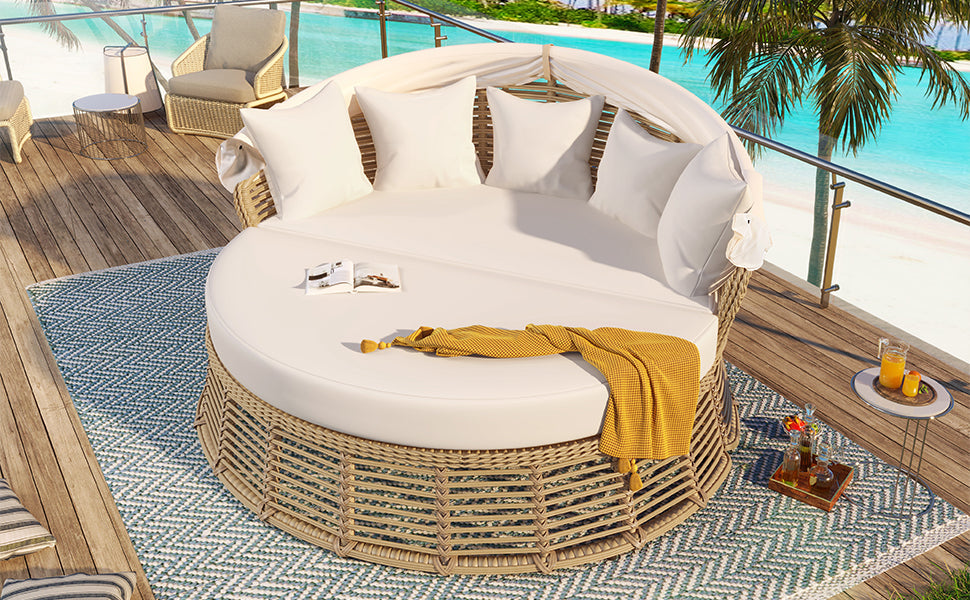 Outdoor Patio Rattan Round Daybed with Retractable Canopy