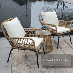 6PCS Outdoor Patio Balcony Natural Color Wicker Sofa Chair Set with Beige Cushion and Round Tempered Glass Table