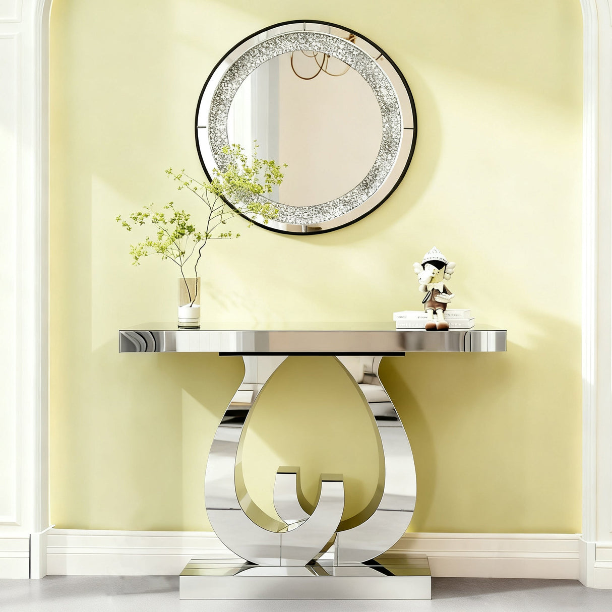 Modern Mirror Side Table with Double C-Shape Base