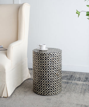 D14x20' Black Round Accent Capiz Stool, Garden Side Table