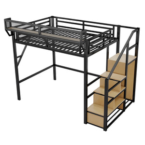 Full Size Loft Bed With Stairs With Storage Shelves With Wardrobe - Black