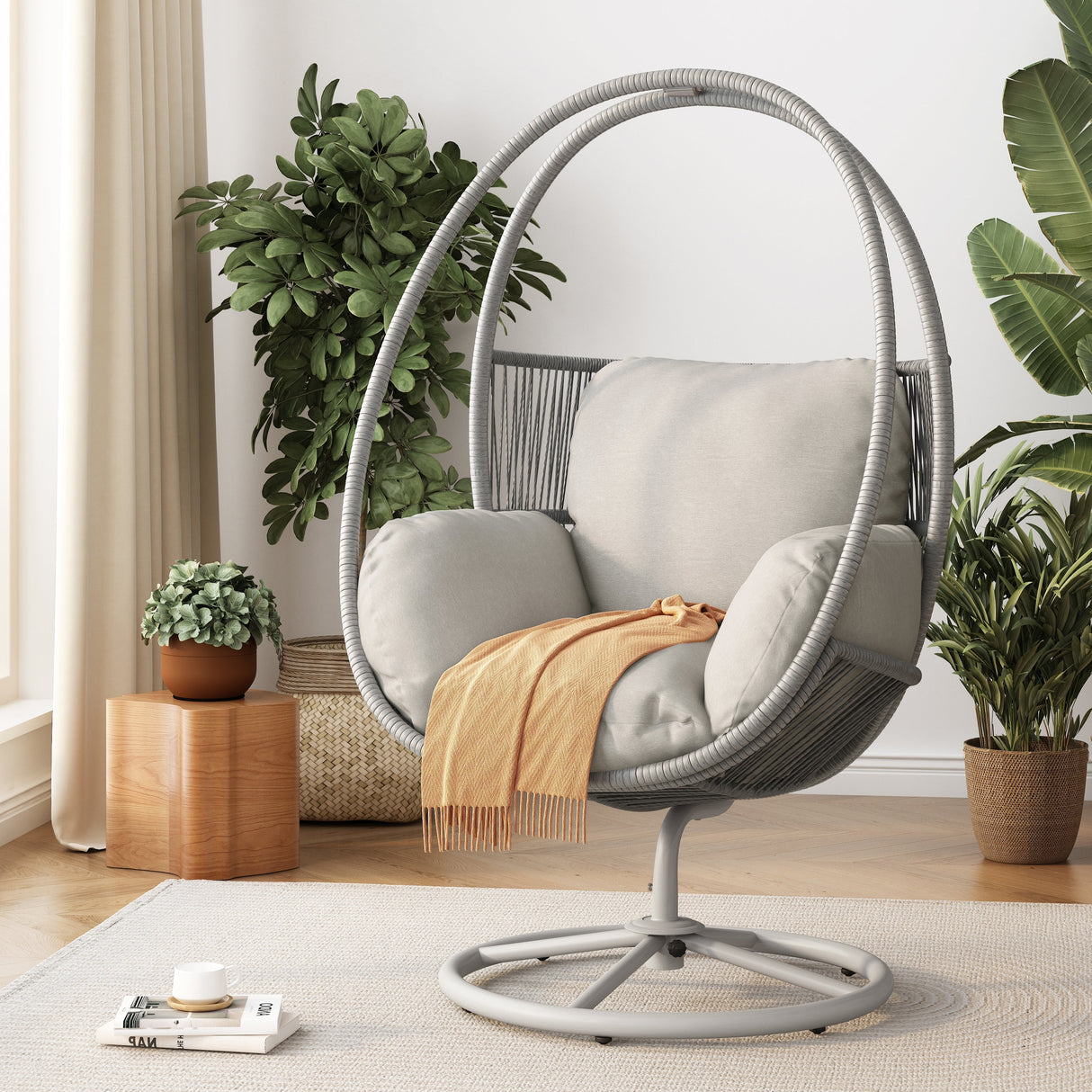 Reno Outdoor Wicker Swivel Lounge Chair with Iron Frame and Light Gray Polyester Cushions