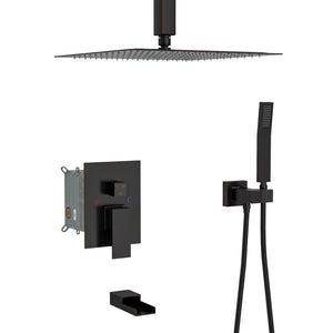 Modern Shower System With Waterfall Tub Spout, 12" Ceiling Mount Square Shower