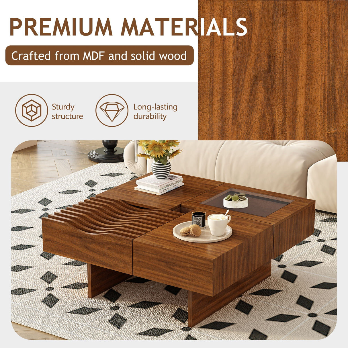 Unique Square Coffee Table With 3 Drawers