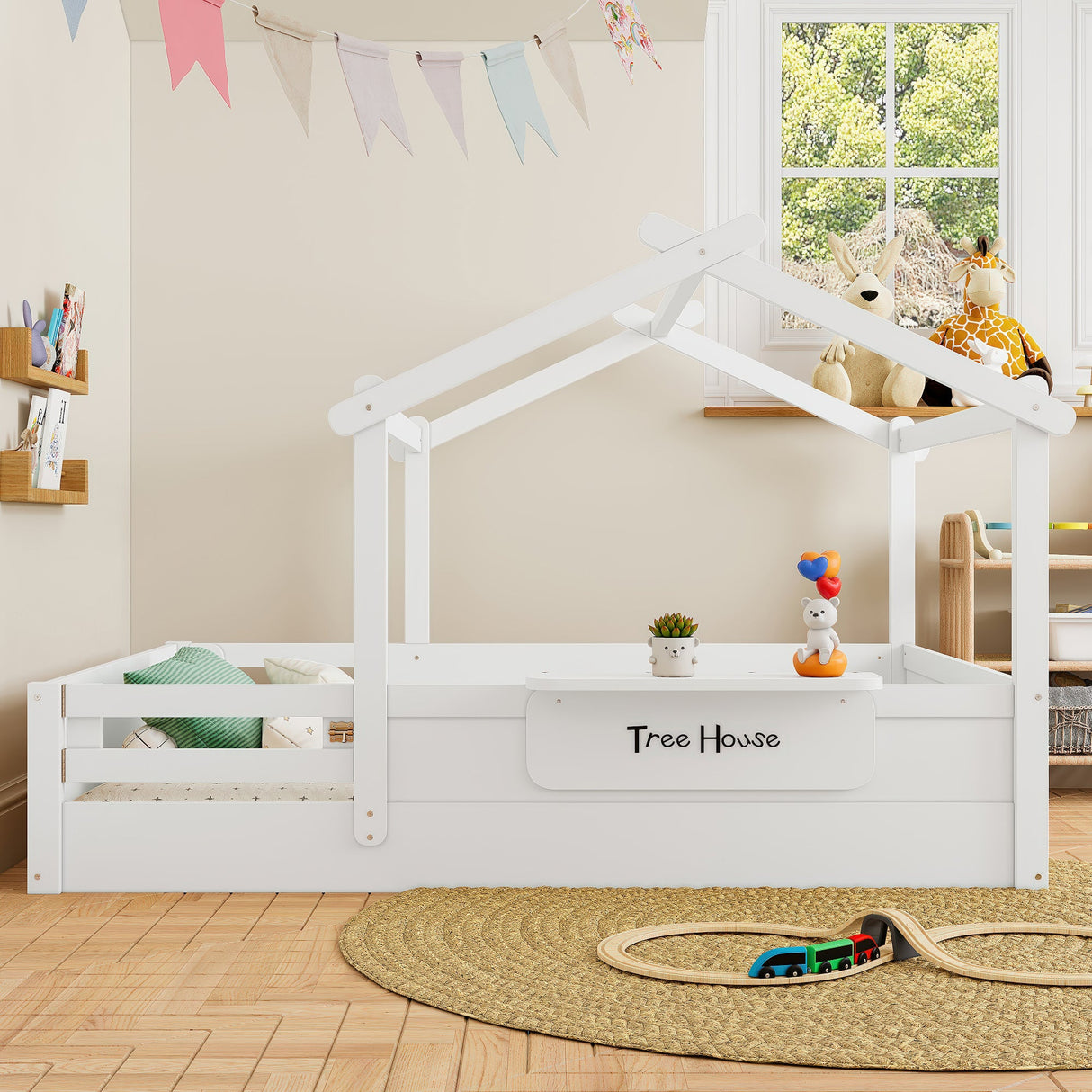 Full Size Floor Bed with Guardrails and Roof