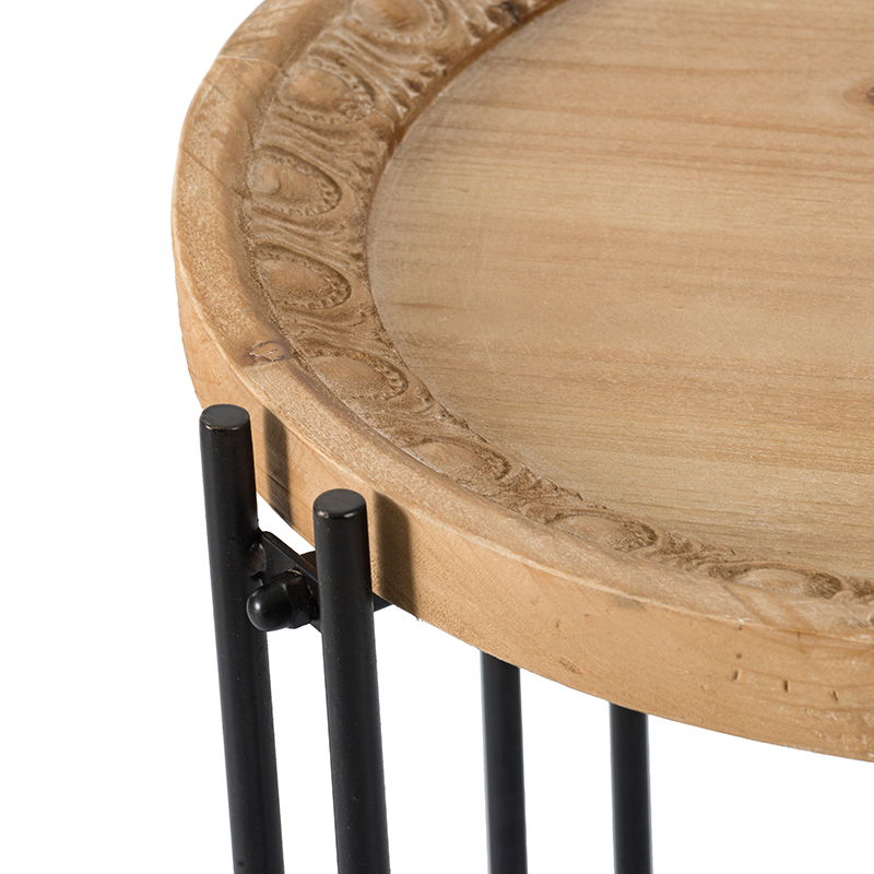 Round Side Table With Wood Top - Black Brown