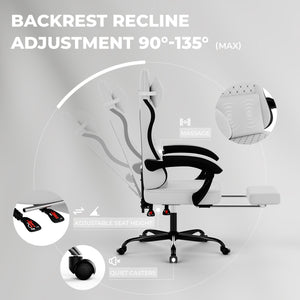 Gaming Chair with Massage, Ergonomic Design, White/Black