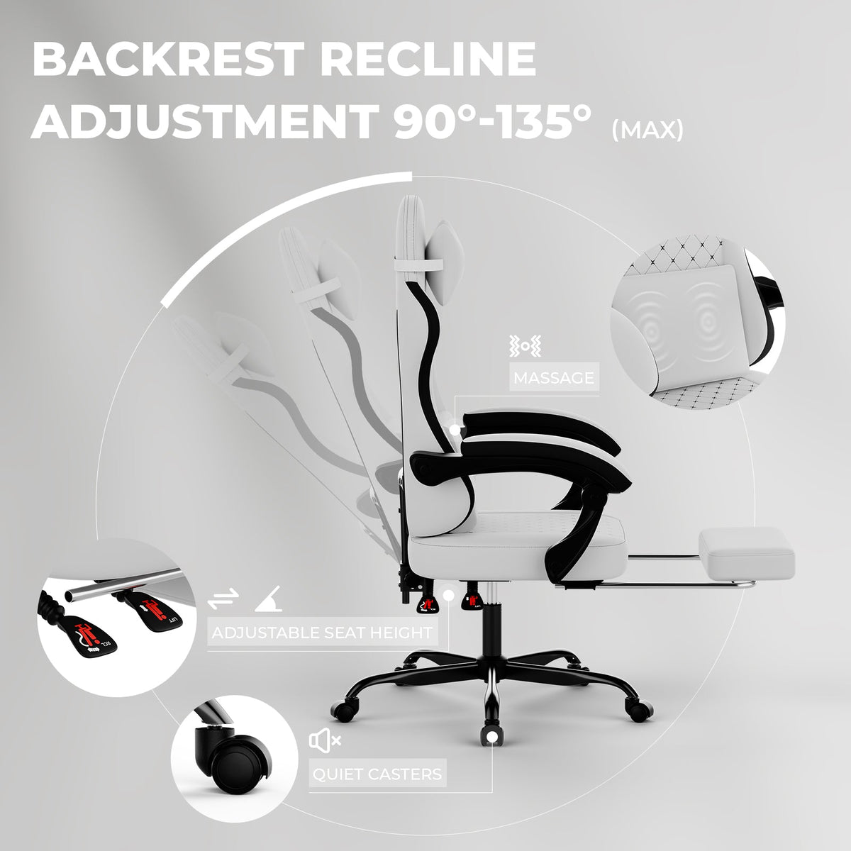 Gaming Chair with Massage, Ergonomic Design, White/Black