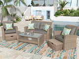U-Style Patio Furniture Set - 4 Piece Outdoor Conversation Set with Ottoman and Cushions