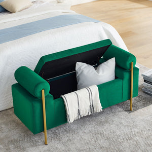 Elegant Upholstered Storage Bench With Cylindrical Arms And Iron Legs,