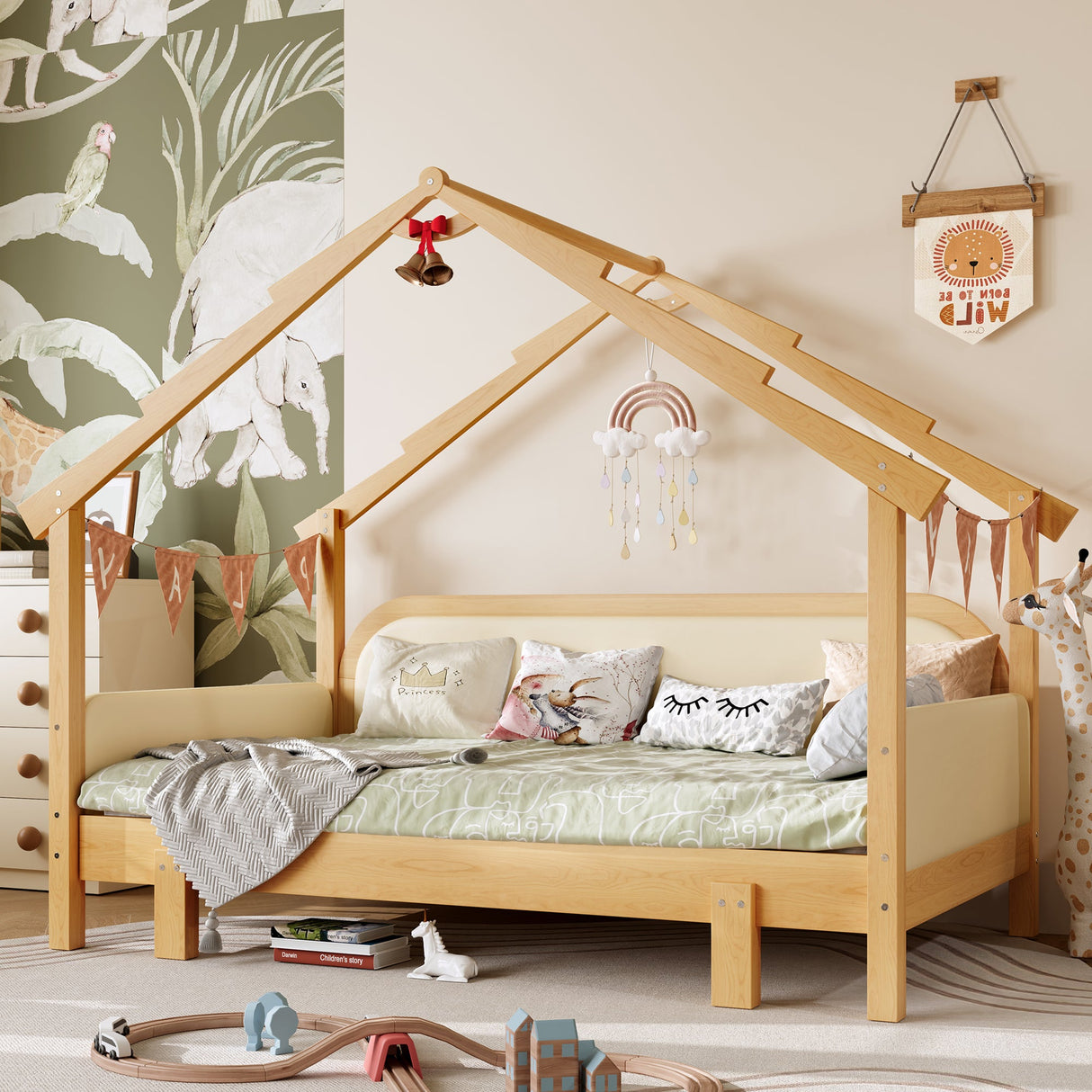 Twin Size Wood Treehouse Bed with Soft Cushion Rails