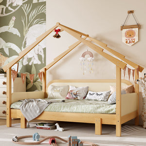 Twin Size Wood Treehouse Bed with Soft Cushion Rails