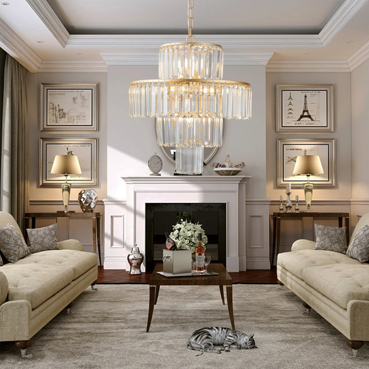 20' Modern Crystal Chandelier with Gold Finish, 4-Tier Design for Dining Room or Living Room, Elegant Crystal Pendant Light Fixture (Bulb Not Included)