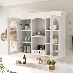 Wall-Mounted Medicine Cabinet With 2 Glass Doors, Adjustable Shelves - White