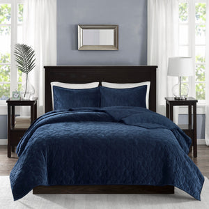 3 Piece Velvet Quilt Set Navy King/Cal King