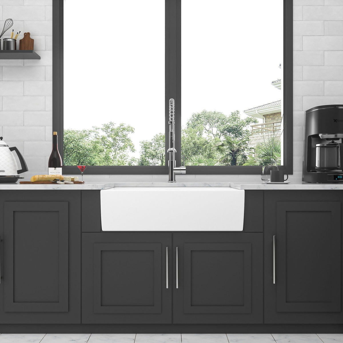 Ceramic Farmhouse Sink With Deep Basin And Stainless Steel Grid