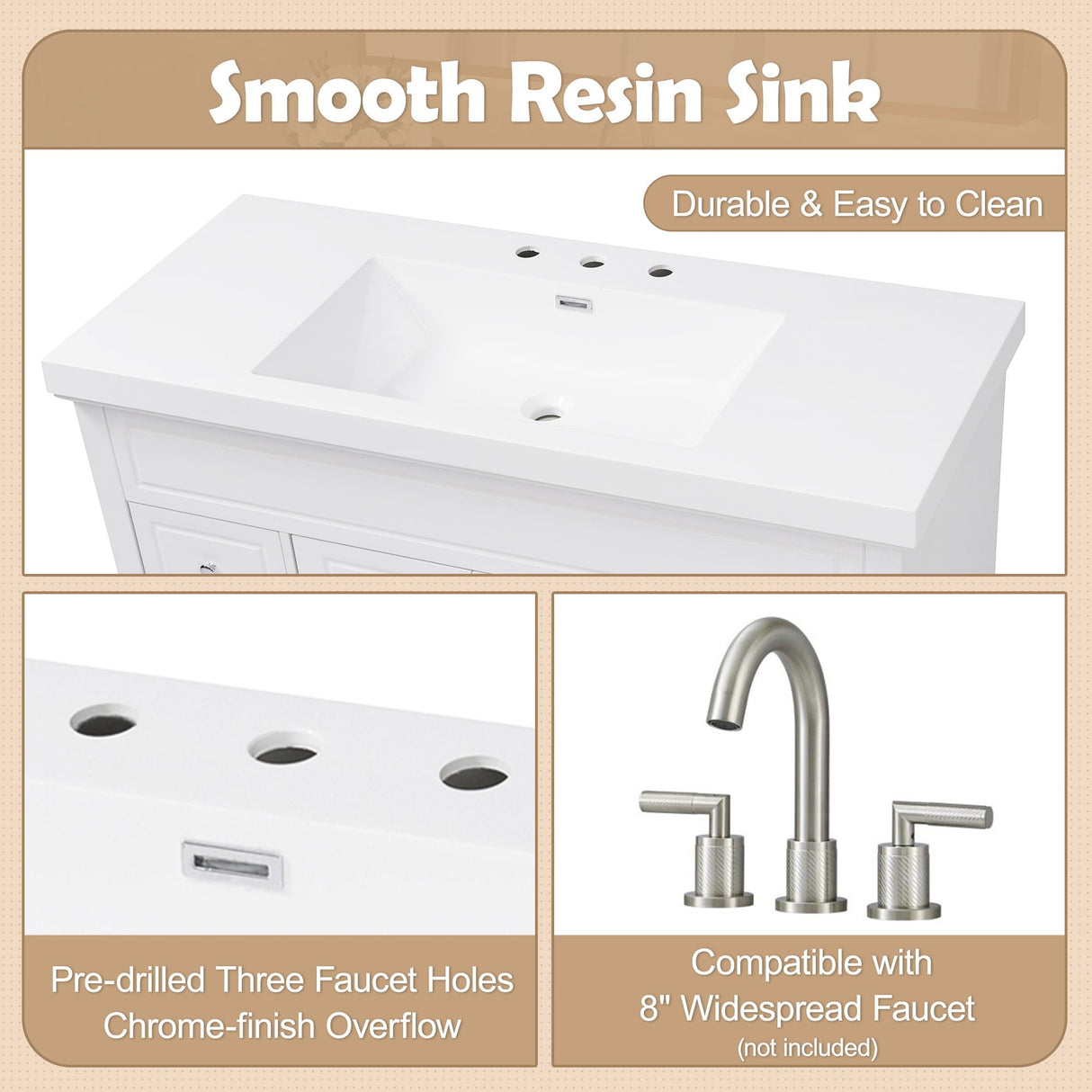 Bathroom Vanity With Sink, 6 Soft Close Drawers & Double Doors - White