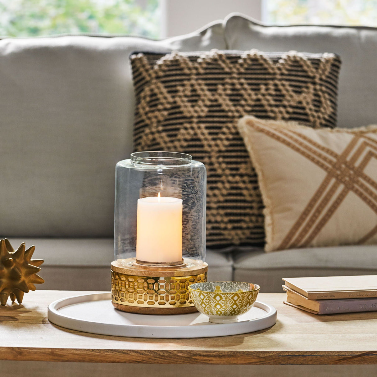 Lippert Boho Handcrafted Mango Wood Hurricane Candle Holder With Tempered Glass And Metal Accents, Large - Natural
