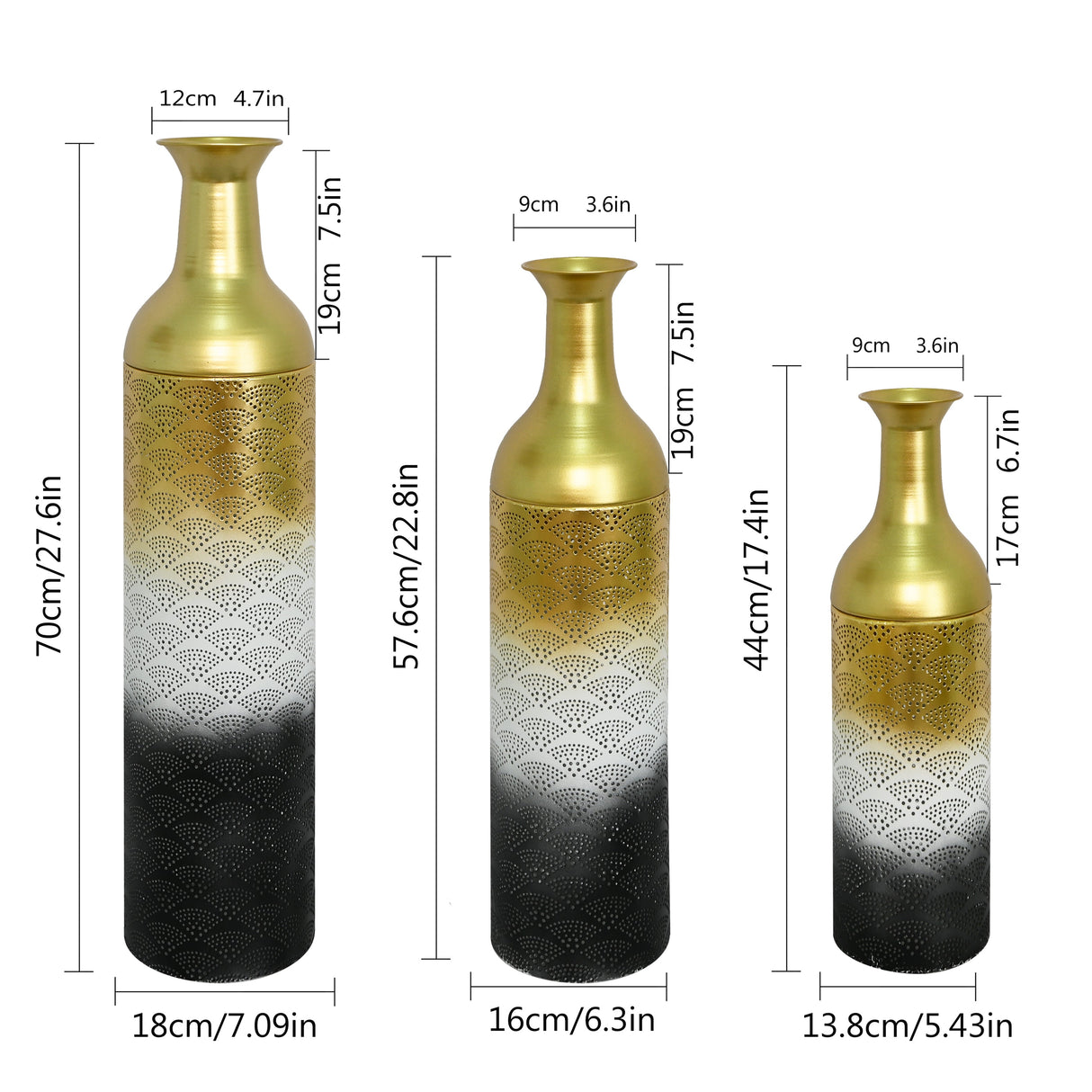 Decorative Metal Vases Set of 3, Leaf Pattern Floor Vases