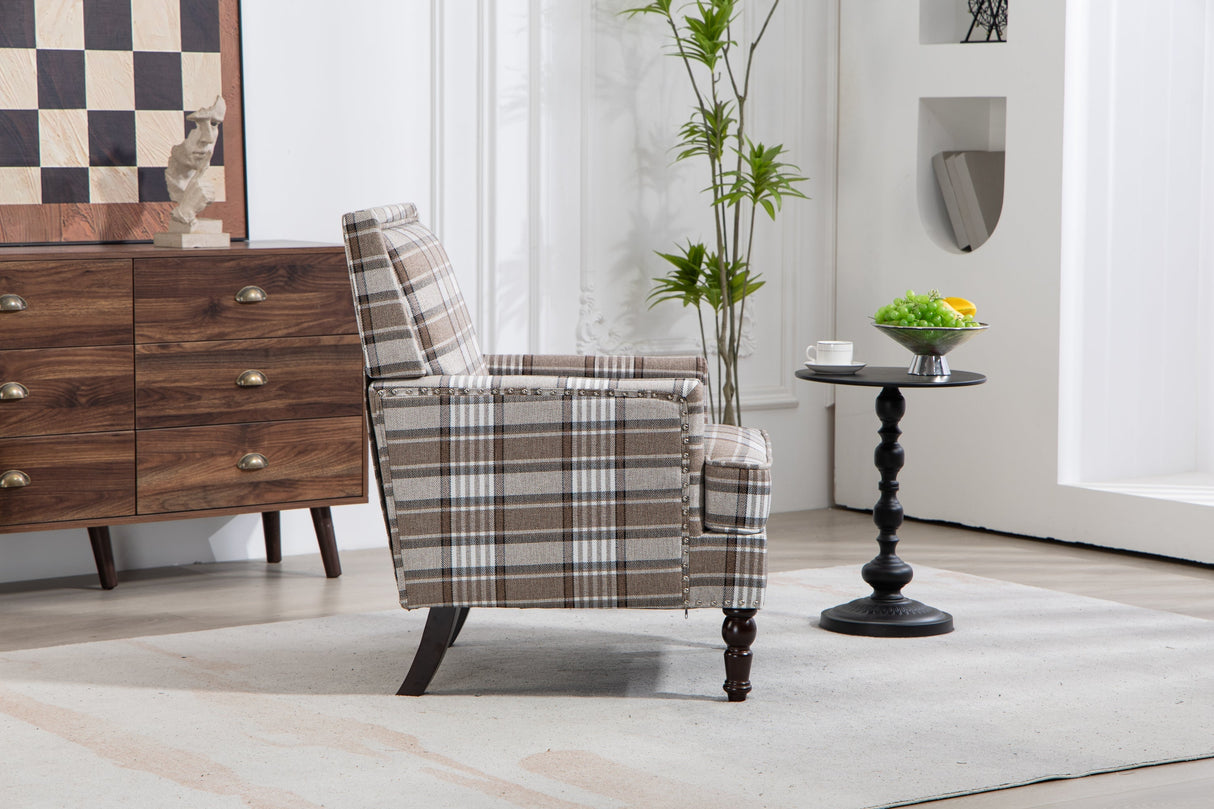 Upholstered Accent Chair with Brown Linen Fabric and Nailhead Trim