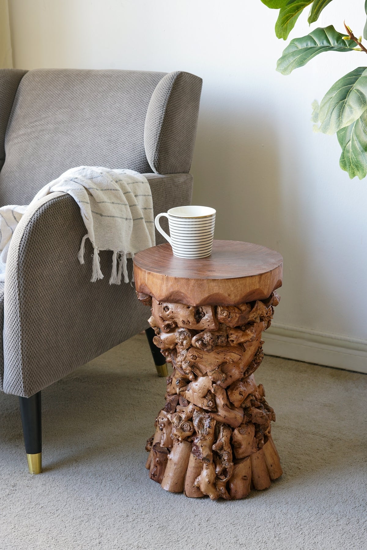 Brown Mulberry and Paulownia Wood Accent Table with Organic Tree Root Base
