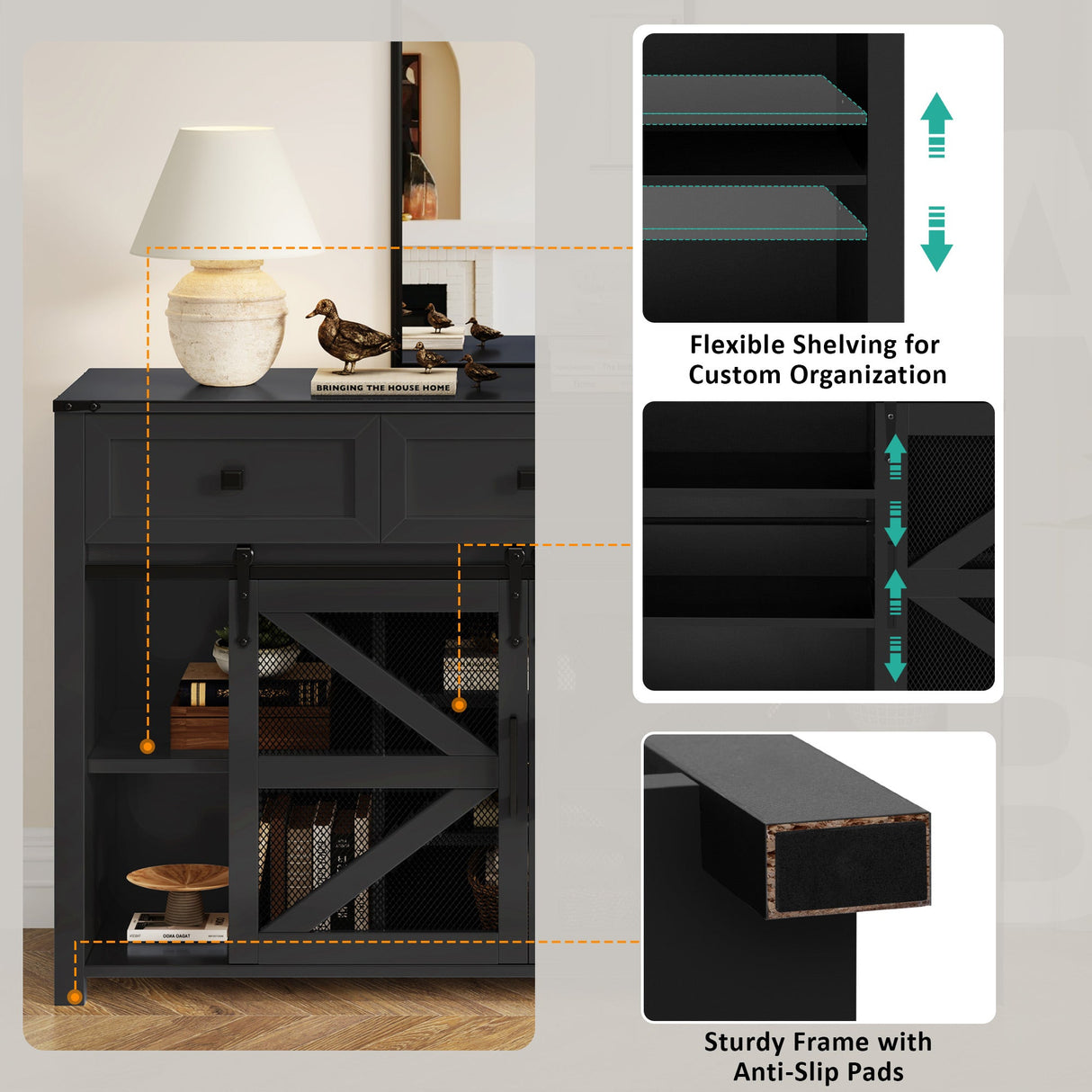 U_Style 55" Sliding Barn Door Sideboard Buffet Cabinet