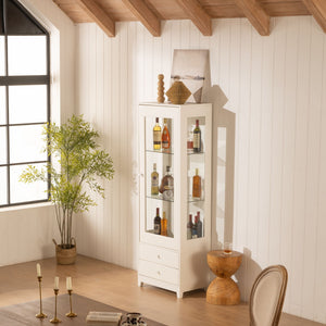 Modern Upholstered Glass Display Cabinet With Adjustable LED Light - White