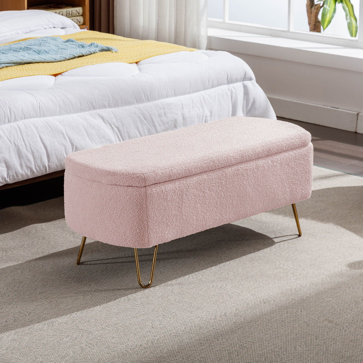 Storage Ottoman Bench For End Of Bed Legs, Modern Camel Faux Fur Entryway Bench Upholstered Padded With Storage For Living Room Bedroom