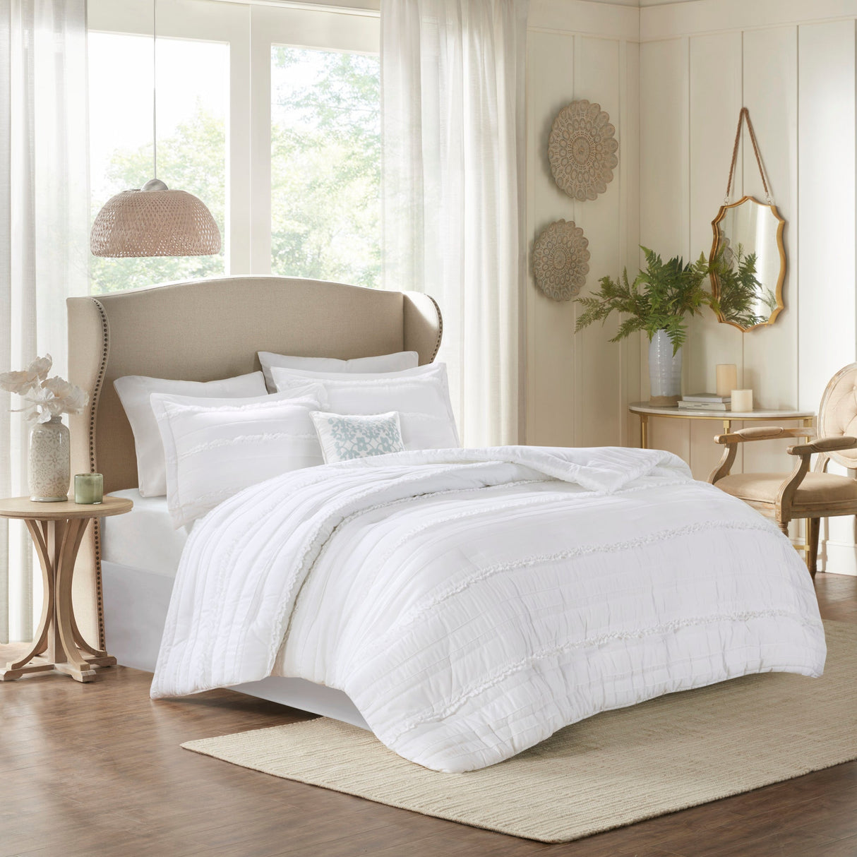 5 Piece Microfiber Ruffled Comforter Set White California King