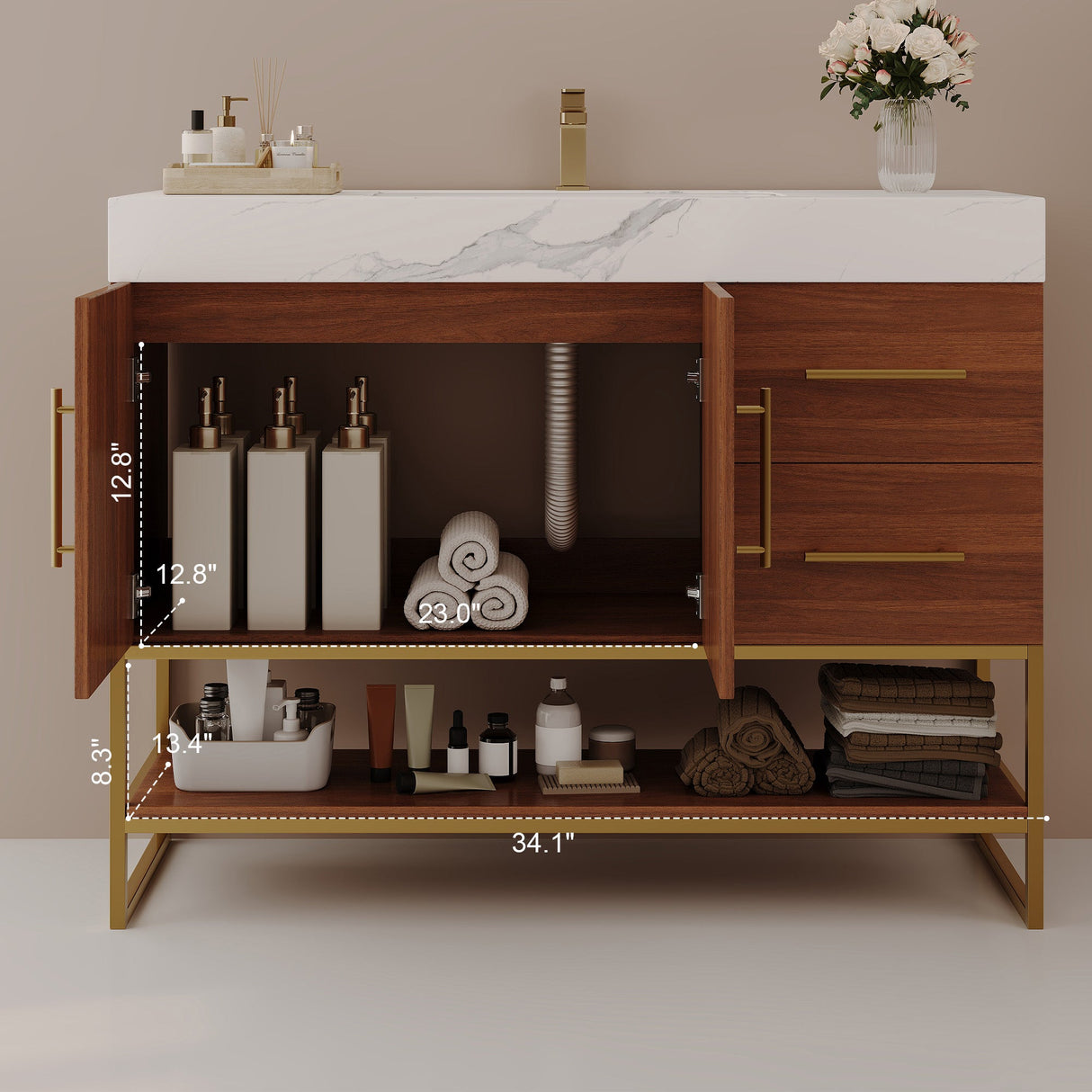 36" Modern Free-Standing Bathroom Vanity with Seamless Ceramic Sink