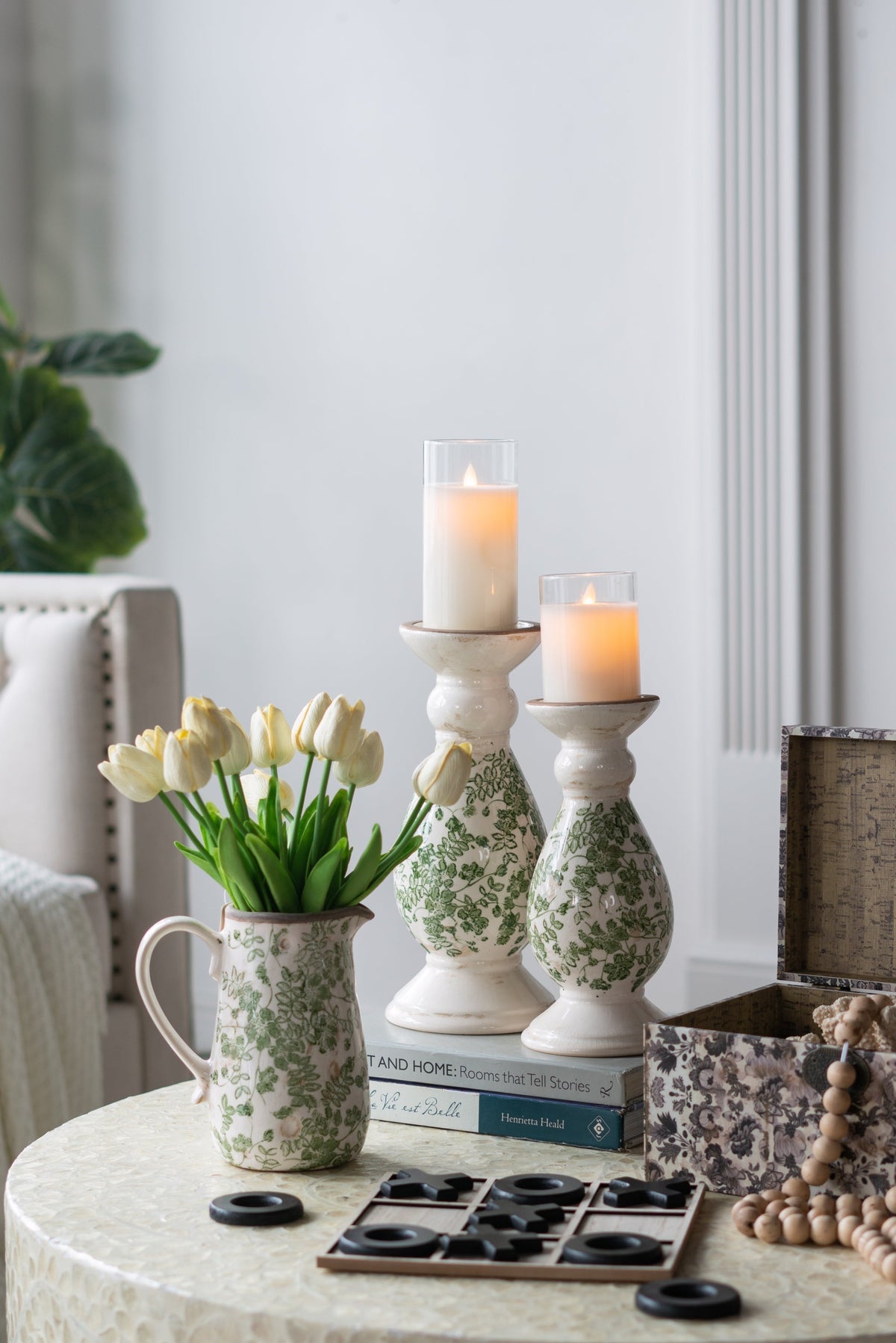 White Ceramic Candle Holder with Green Floral Patterns - 10" Height