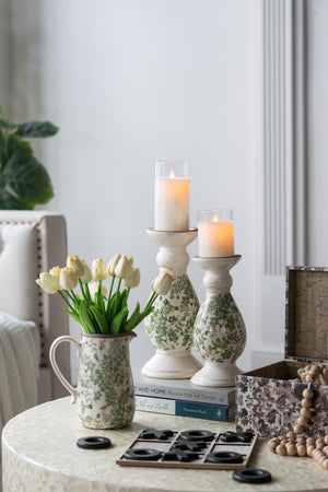 White Ceramic Candle Holder with Green Floral Patterns - 10" Height