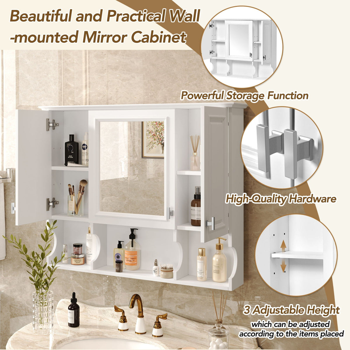 Wall Mounted Bathroom Medicine Wall Cabinet With Mirror & Open Shelves