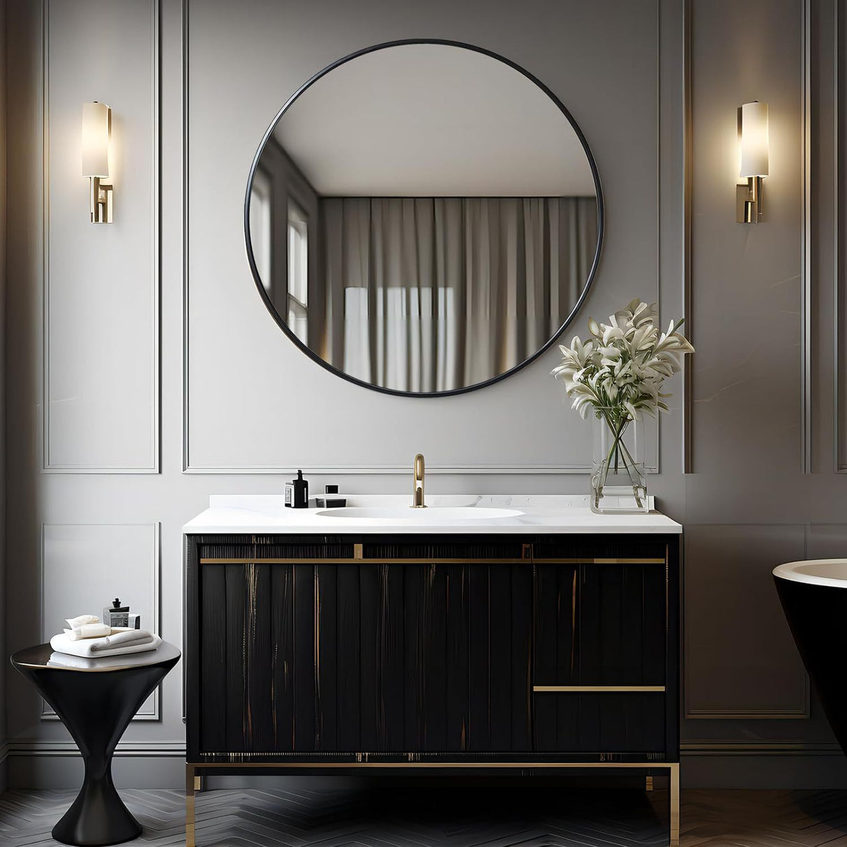 42 Inch Black Metal Framed Round Bathroom Mirror