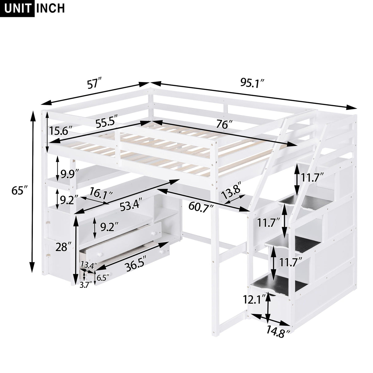 Loft Bed With Desk, Shelves, 2 Drawers, Storage Staircase