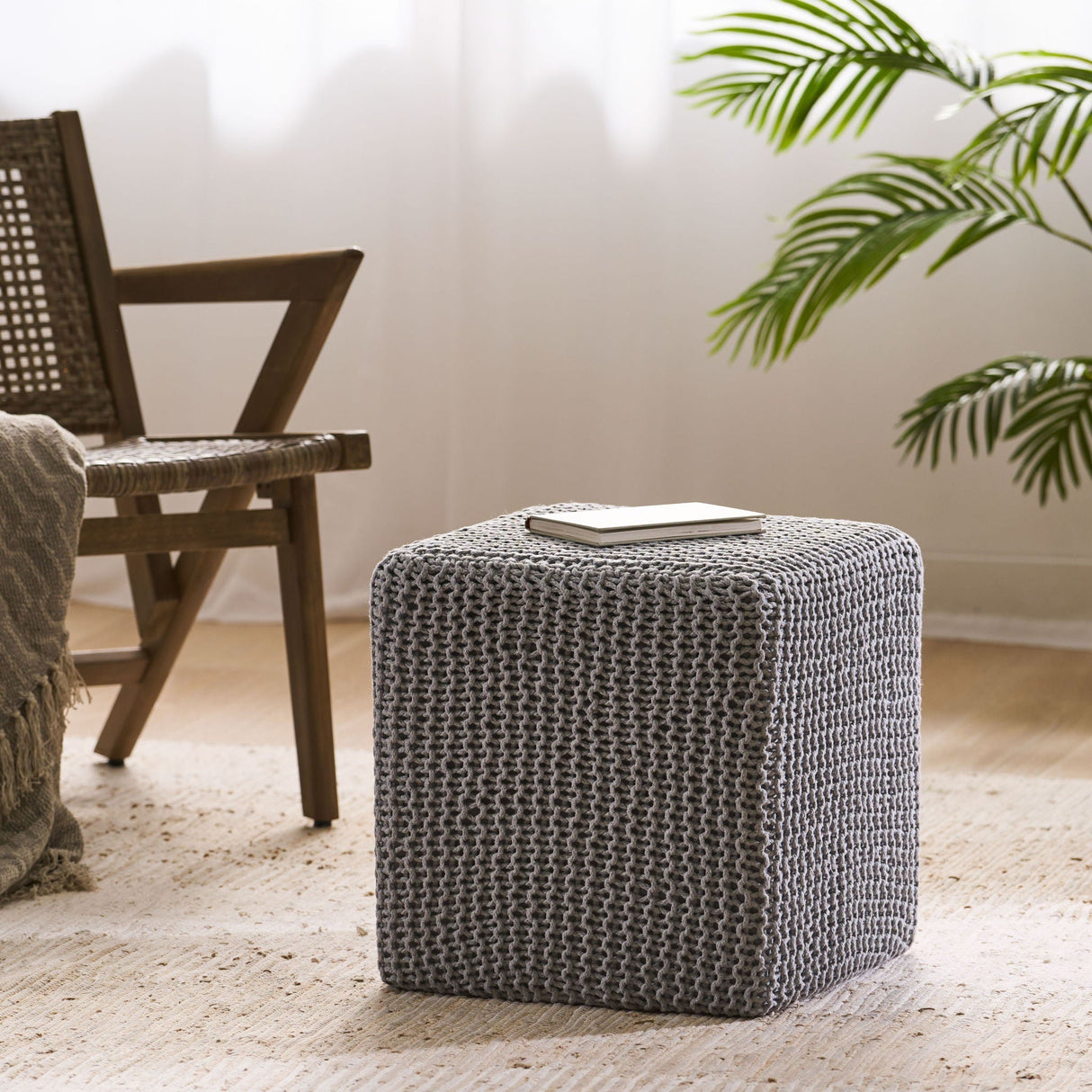 Chabani Indoor Modern Knitted Fabric Cube Pouf Ottoman - Light Gray