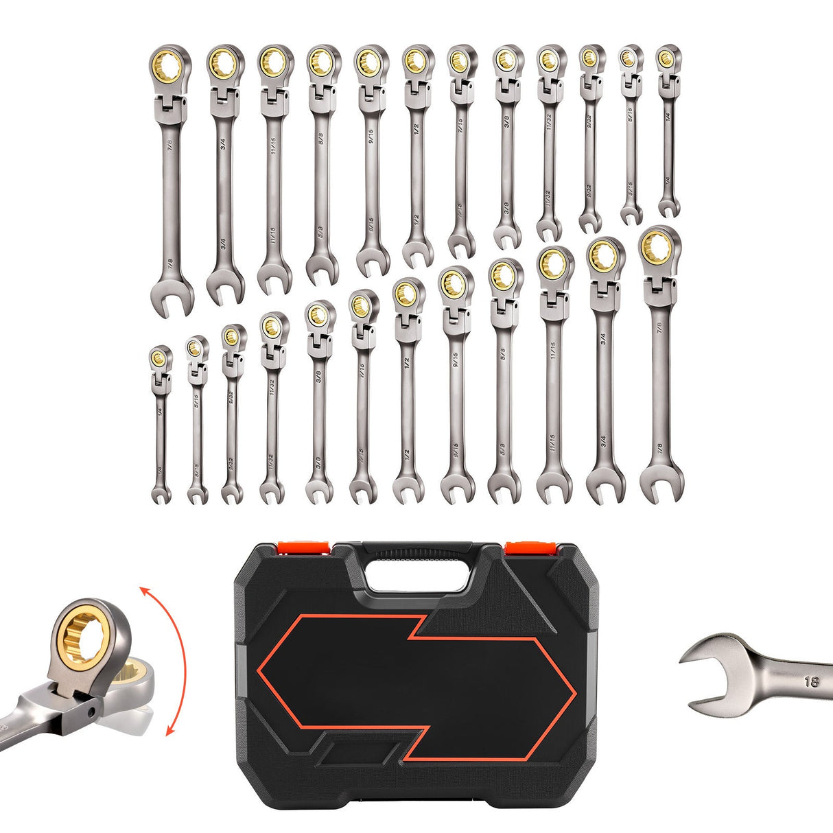 Flex-Head Ratcheting Wrench Set, 24-Piece SAE and Metric