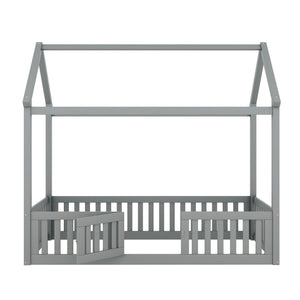 Wood House Bed With Fence And Door