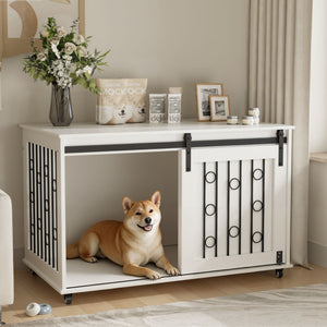 Dog Crate With Sliding Barn Door And Side Access, Lockable Wheels For Small To Medium Dogs - White
