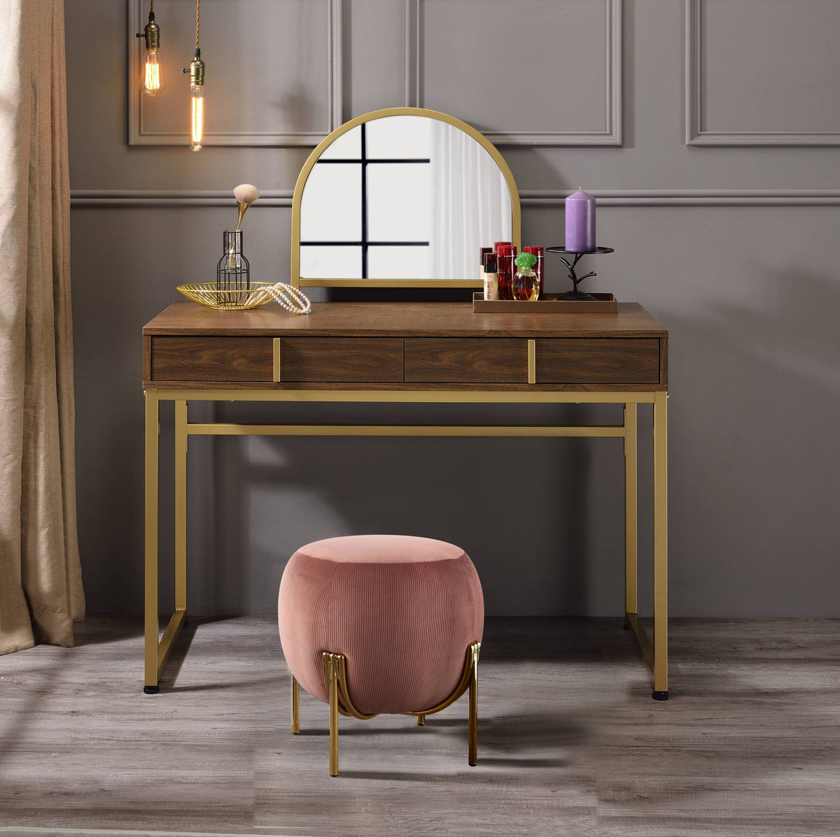 Walnut & Gold Finish Vanity Desk with Mirror & Jewelry Tray – Coleen