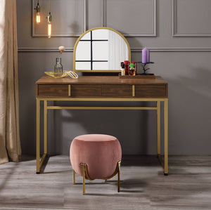 Walnut & Gold Finish Vanity Desk with Mirror & Jewelry Tray – Coleen