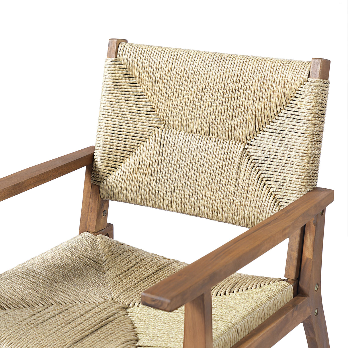 5-Piece Outdoor Dining Set: Teak Finish Round Acacia Wood Table & 4 Teak Finish Wicker Armchairs