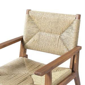 5-Piece Outdoor Dining Set: Teak Finish Round Acacia Wood Table & 4 Teak Finish Wicker Armchairs