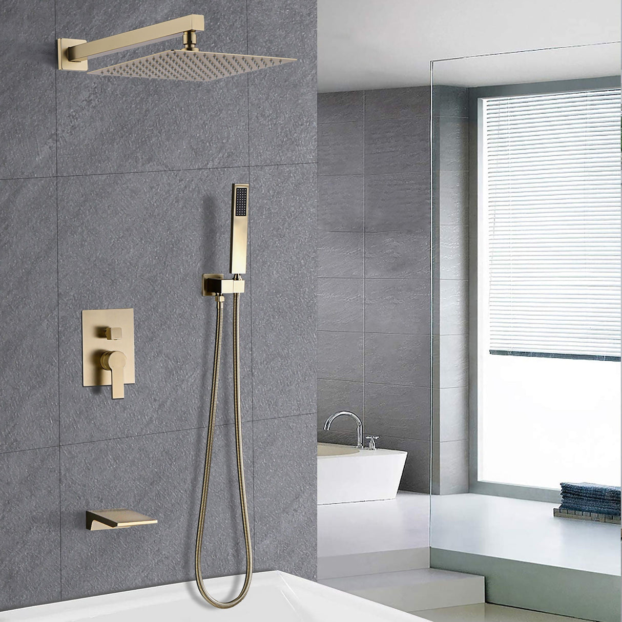 Tub Shower Faucet Set With 12" Rain Shower Head And Handheld Spray Combo