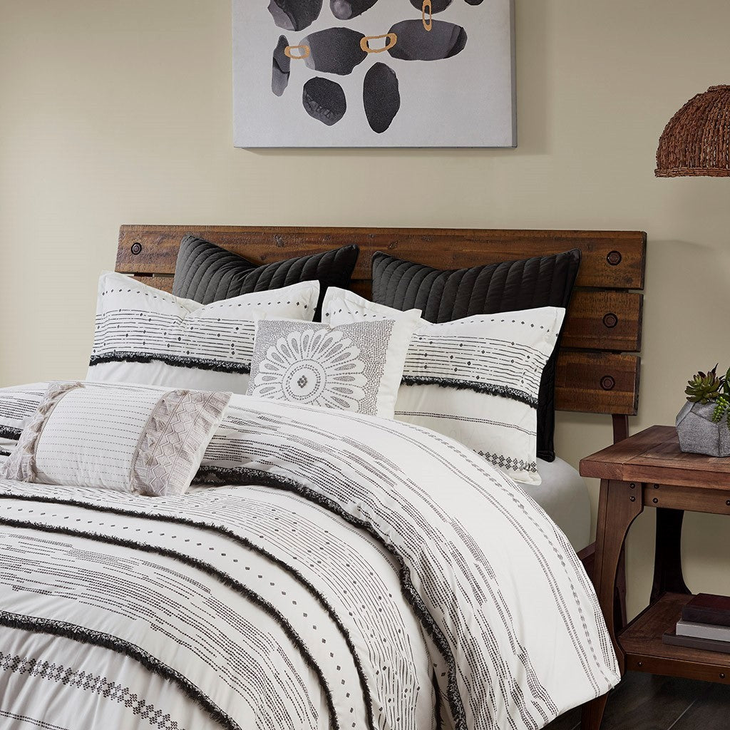 Cotton Printed Comforter Set With Trims Black/White King/Cal King