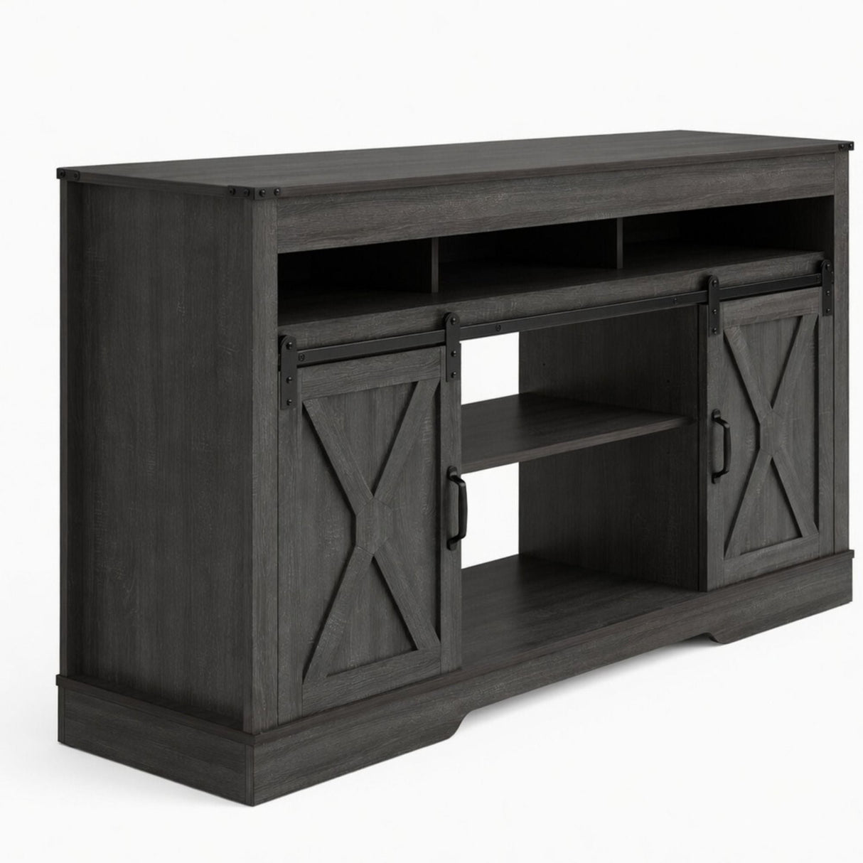 Farmhouse TV Stand With Sliding Barn Doors & Adjustable Storage