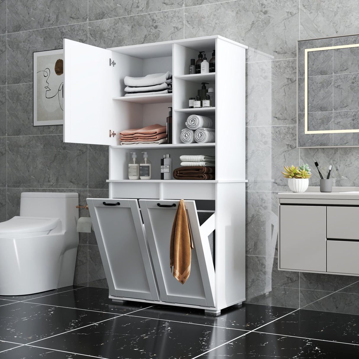 Laundry Cabinet with Doors and Shelf, Tilt-Out Laundry Hamper, Multiple Storage Space