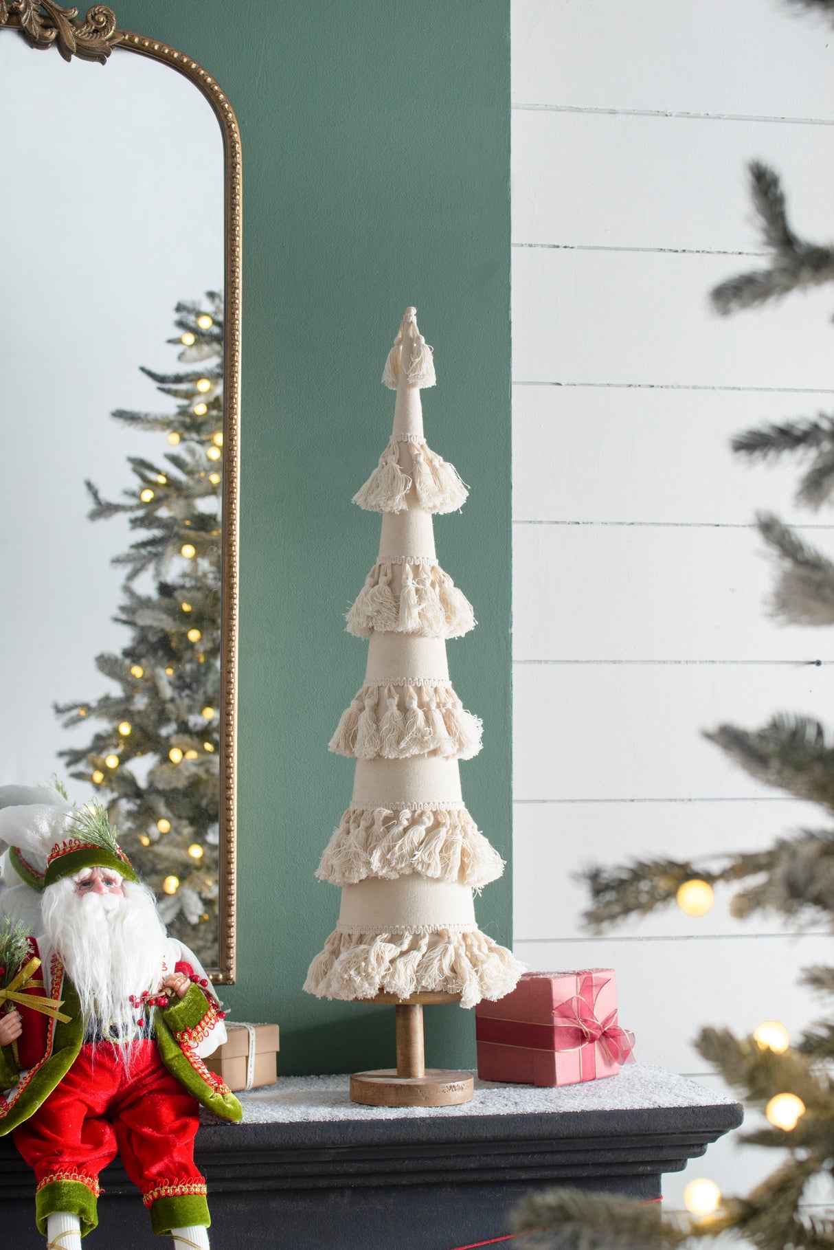 Fringes Embellished Cone With Wooden Base