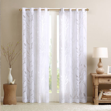 Grommet top sheer bird on branches burnout window curtain (only 1 pc panel)
